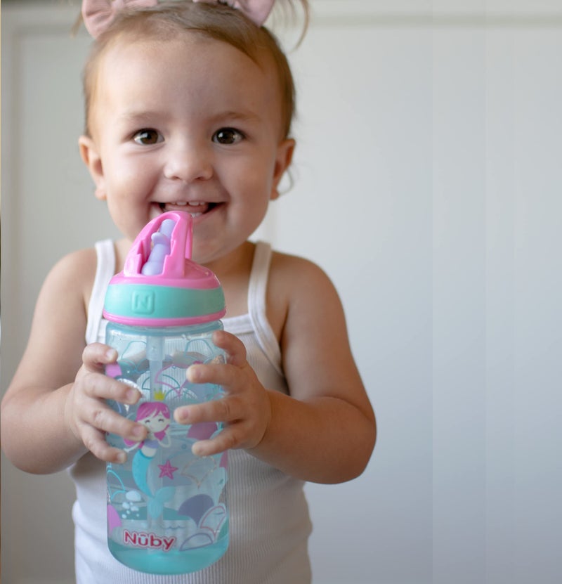 Nuby 2 Pack Iridescent Flip-it Kids On-The-Go Printed Water Bottle with Bite Proof Hard Straw - 18oz / 540 ml, 18+ Months, 2 pk Prints May Vary - Image 3