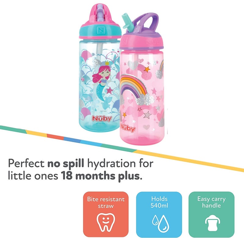 Nuby 2 Pack Iridescent Flip-it Kids On-The-Go Printed Water Bottle with Bite Proof Hard Straw - 18oz / 540 ml, 18+ Months, 2 pk Prints May Vary - Image 5