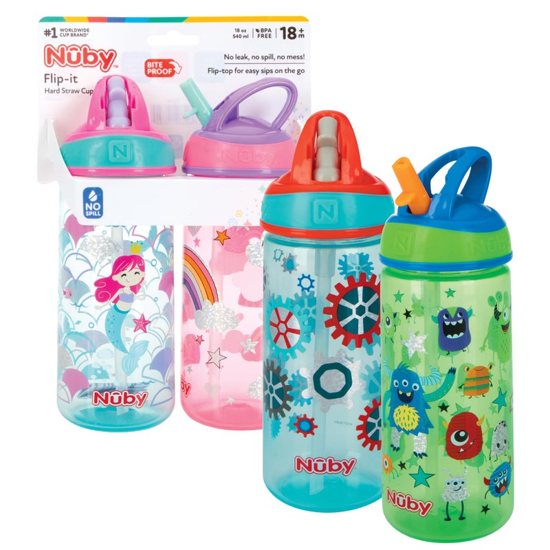 Nuby 2 Pack Iridescent Flip-it Kids On-The-Go Printed Water Bottle with Bite Proof Hard Straw - 18oz / 540 ml, 18+ Months, 2 pk Prints May Vary - Image 1