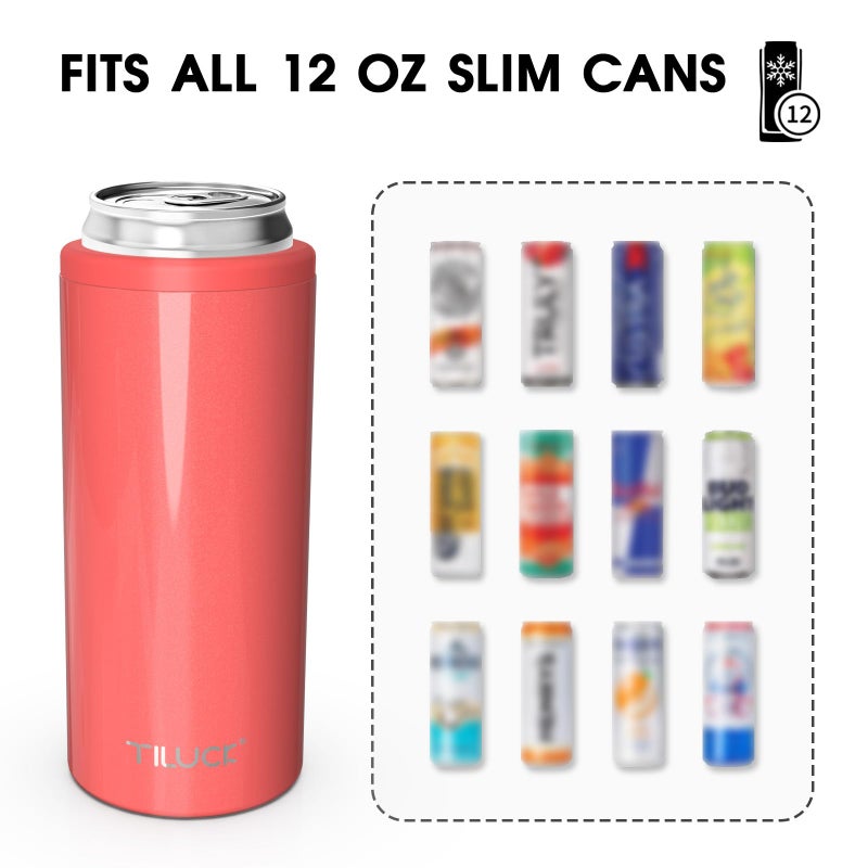 TILUCK Skinny Can Cooler for Slim Beer & Hard Seltzer, Stainless Steel, Doucle-Walled Stainless Steel Insulated Slim Cans, Standard 12 oz (Glitter Coral) - Image 3