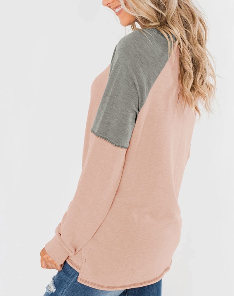 Bingerlily Women's Casual Long Sleeve Tunic Tops Crew Neck Color Block Blouses (Medium, Pink) - Image 3