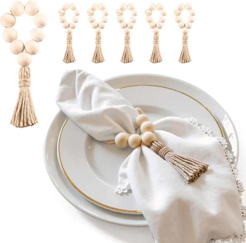 6-Pack Jute Napkin Rings with Gold Wooden Beads and Tassels â€“ Rustic Farmhouse Table Decor, Elastic Handmade Napkin Holders for Dinner Parties, Weddings, Everyday Use (Khaki, Medium)