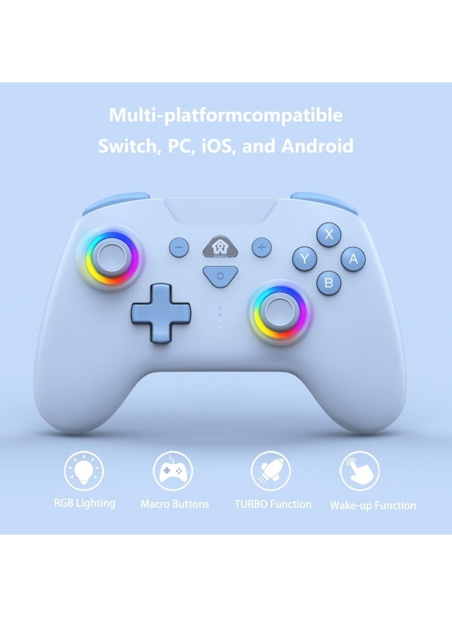 Wireless Switch Controllers for Nintendo Switch, 6-Axis Gyro, Turbo Function, 7-Color RGB Lights, Compatible with Switch1/Switch2/PC (Wired)/iOS, All Functions Included with a Stylish Design and Cute Color - Blue - Image 2