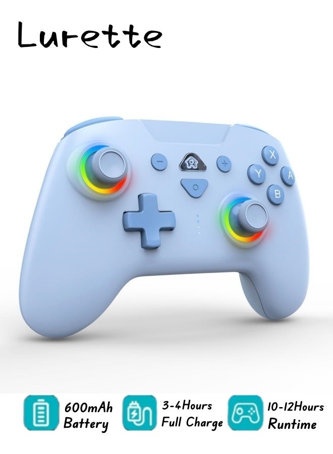 وحدات تحكم لاسلكية لجهاز نينتندو سويتش، جيروسكوب 6 محاور، وظيفة توربو، أضواء RGB 7 ألوان، متوافقة مع Switch1/Switch2/PC (سلكي)/iOS، جميع الوظائف متضمنة بتصميم أنيق ولون لطيف - أزرق - Image 1