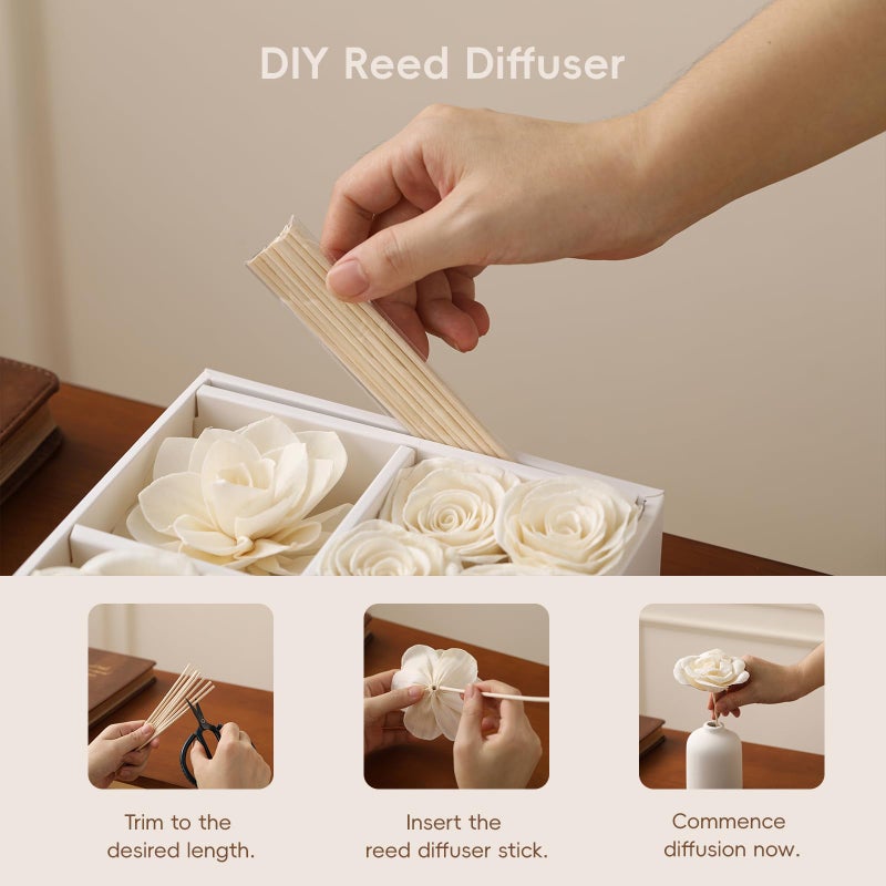 Jear pean Flower Reed Diffuser Sola Wood Flowers Natural Material Aromatherapy Reed Decorative Aromatherapy Flower Refill Diffuser Reeds, 7Pcs Flower, 7Pcs Rope, 8 Pcs Diffuser Rattan (2-3.5 Inches, White) - Image 2