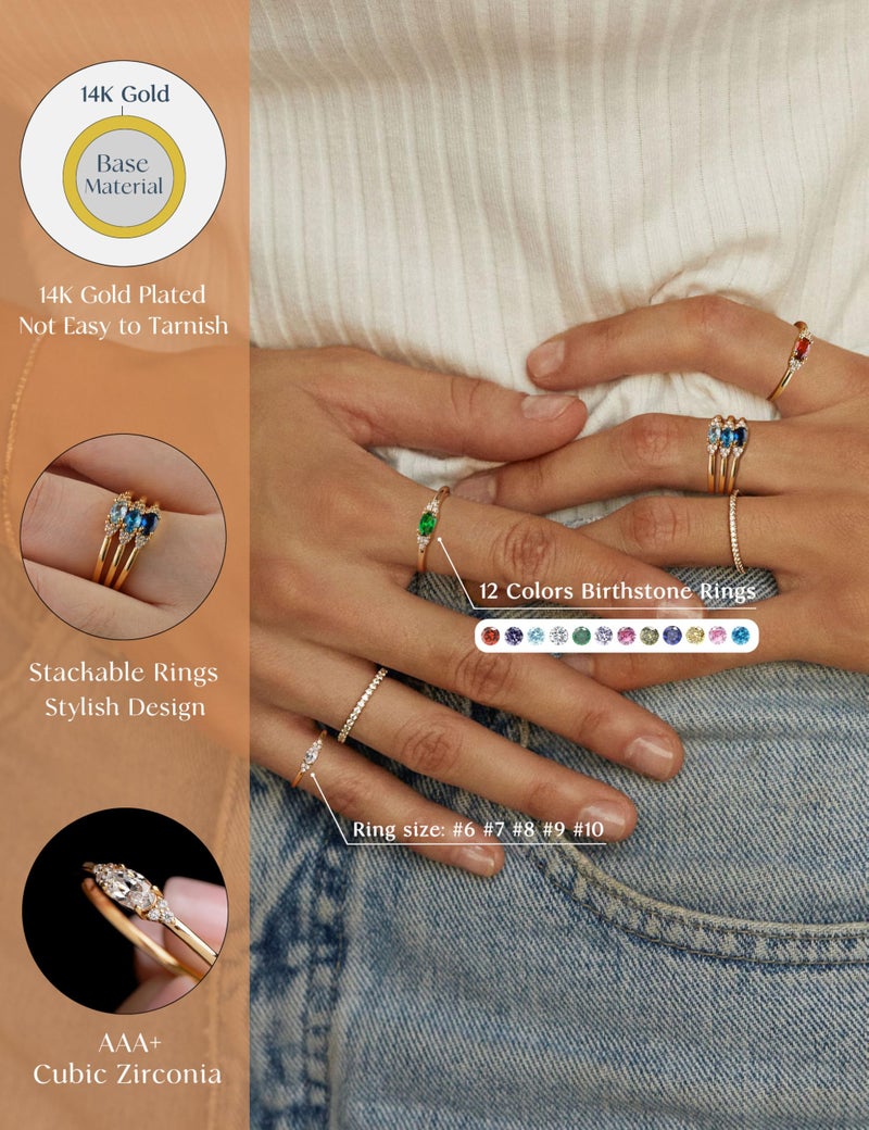 FUNEIA Gold Birthstone Rings for Women Non Tarnish Trendy Stackable Gold Rings that Don't Tarnish Dainty Emerald Green Gemstone Cubic Zirconia Wedding Engagement Ring for her Birthday Gifts Jewelry - Image 3