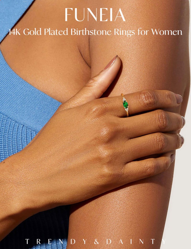 FUNEIA Gold Birthstone Rings for Women Non Tarnish Trendy Stackable Gold Rings that Don't Tarnish Dainty Emerald Green Gemstone Cubic Zirconia Wedding Engagement Ring for her Birthday Gifts Jewelry - Image 2