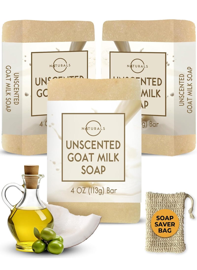 O Naturals O Naturals 3-Pcs Goat Milk Soap with Soap Saver Bag - Unscented, Triple-Milled, Nourishing, for Sensitive Skin 