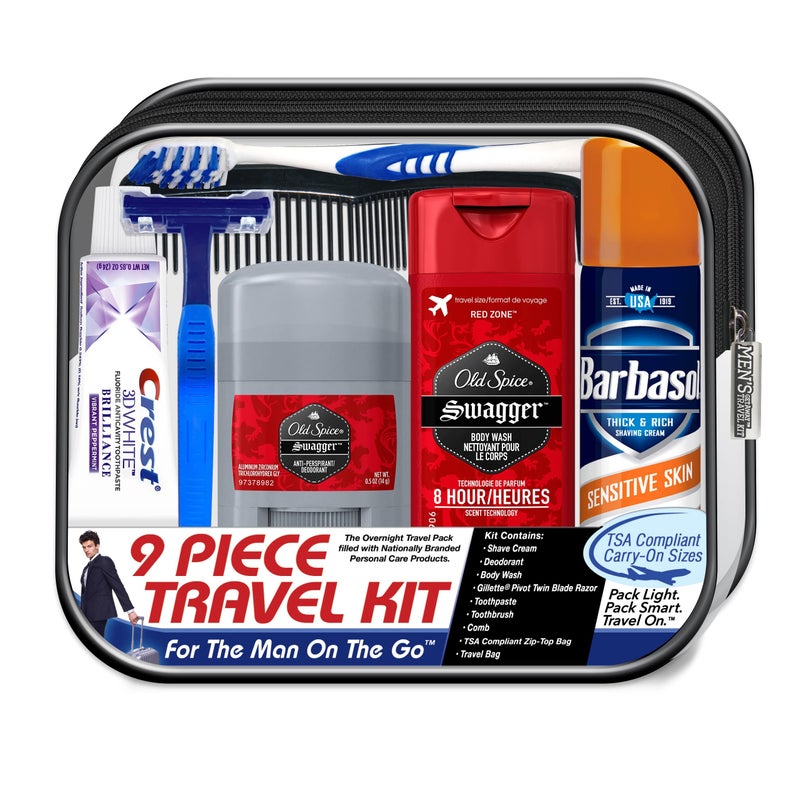 Convenience Kits International Men's Deluxe, 9-Piece Kit with Travel Size TSA Compliant Essentials , Featuring: Old Spice Products in Reuseable Toiletry Bag - Image 1