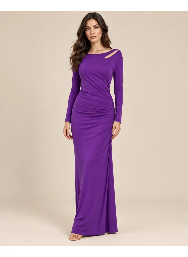2Trendy Women's Purple Maxi Dress with Long Sleeves, Shoulder Cutout and Side Ruching