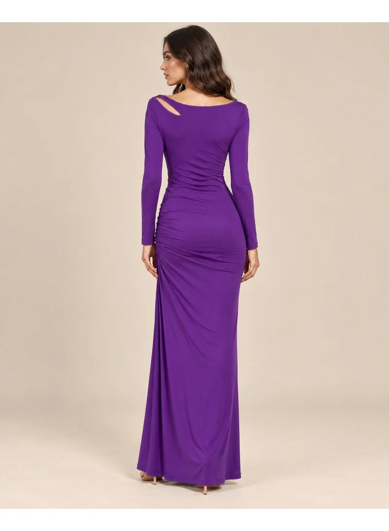 2Trendy Women's Purple Maxi Dress with Long Sleeves, Shoulder Cutout and Side Ruching