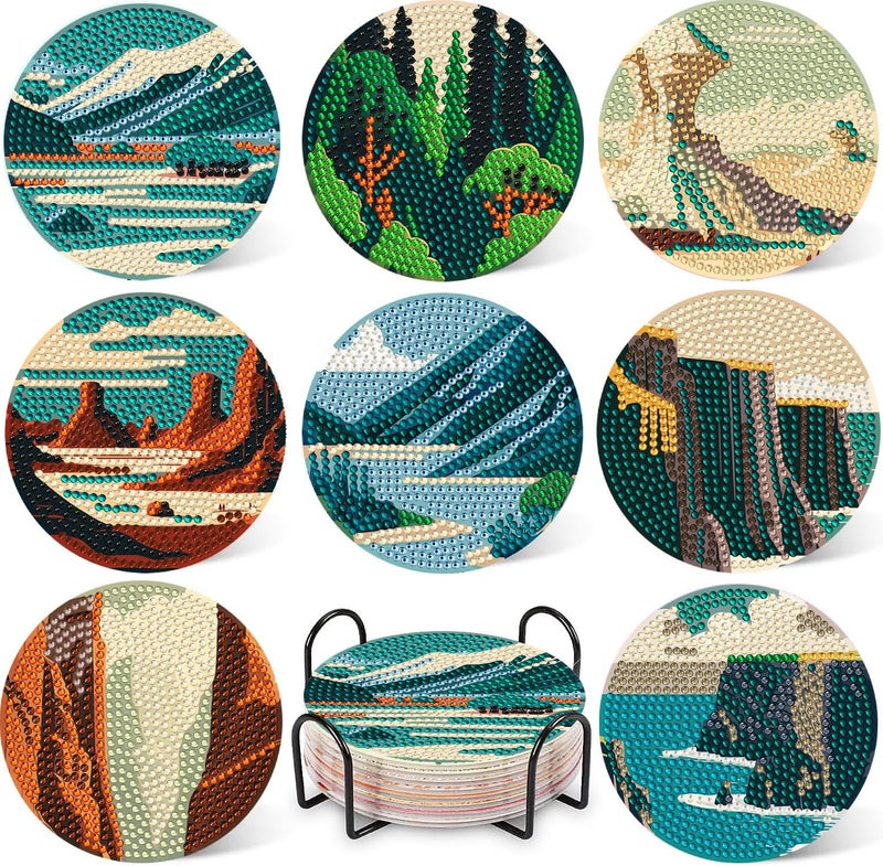 DOTZSO 8 Pcs Diamond Art Coasters Kit with Holder Diamond Art Kits for Adults Beginners Small Diamond Painting Coasters Arts and Crafts for Adults Supplies Item Sets (Landscape) - Image 1