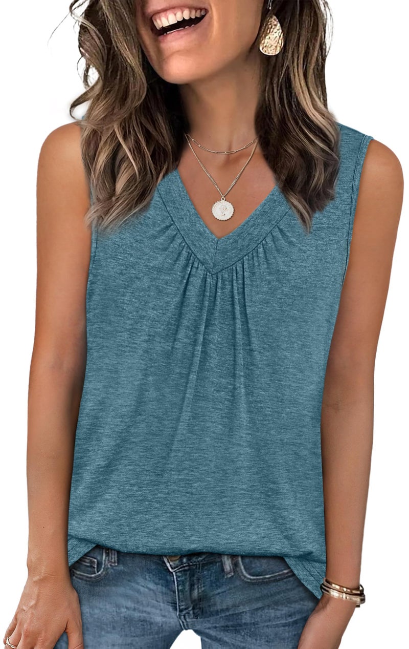 OFEEFAN Tank Top for Women Resort Wear 2025 Beach Vacation Clothes Summer Outfit Ruched Sleeveless Shirts Casual Turquoise L - Image 1