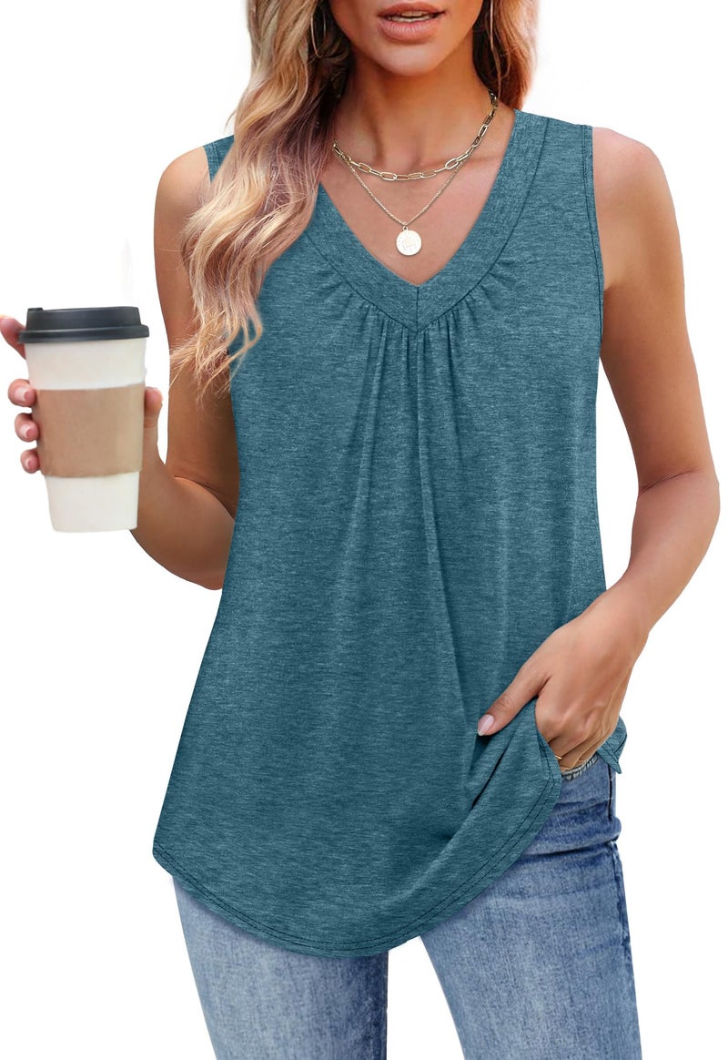OFEEFAN Tank Top for Women Resort Wear 2025 Beach Vacation Clothes Summer Outfit Ruched Sleeveless Shirts Casual Turquoise L - Image 2