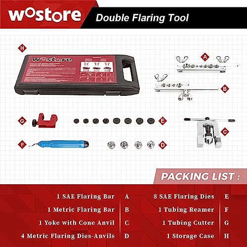Wostore Professional Brake Line Flare Kit for Single, Double (SAE) Flares & Bubble (ISO) Flares with Tubing Cutter Pipe Reamer for 3/16-5/8" 7 Sizes - Image 2