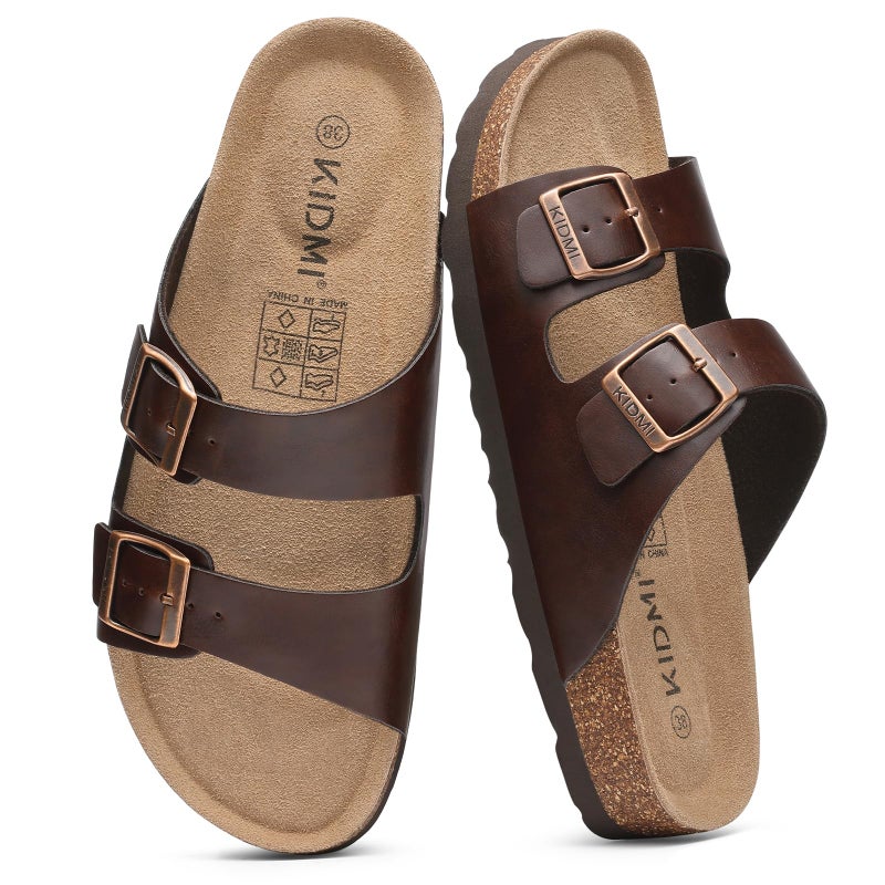 KIDMI Unisex Genuine Suede Summer Sandals Arch Support Cork Footbed Slide Sandals with Double Adjustable Buckle for Women Men, Dark Brown Oily 39 - Image 1
