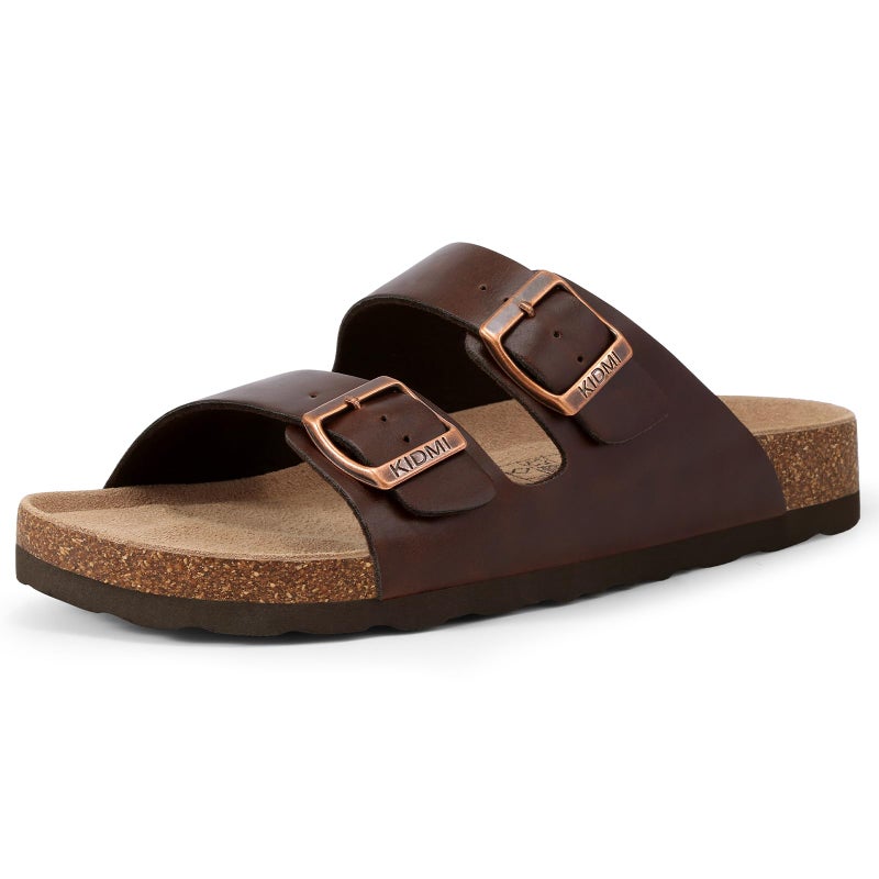 KIDMI Unisex Genuine Suede Summer Sandals Arch Support Cork Footbed Slide Sandals with Double Adjustable Buckle for Women Men, Dark Brown Oily 39 - Image 2
