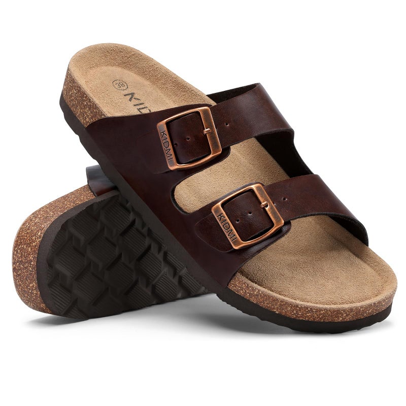 KIDMI Unisex Genuine Suede Summer Sandals Arch Support Cork Footbed Slide Sandals with Double Adjustable Buckle for Women Men, Dark Brown Oily 39 - Image 5