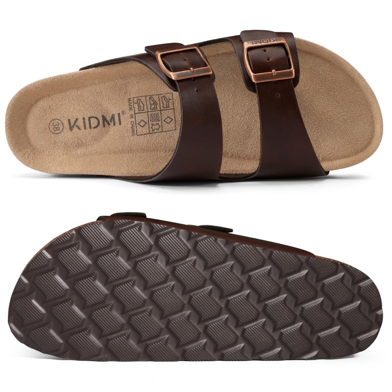 KIDMI Unisex Genuine Suede Summer Sandals Arch Support Cork Footbed Slide Sandals with Double Adjustable Buckle for Women Men, Dark Brown Oily 39 - Image 4