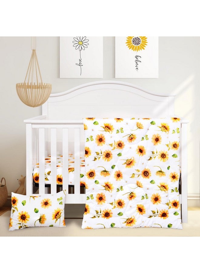 JISEN 3 Piece Baby Crib Bedding Set for Girls - Soft Floral Crib Comforter Set with Crib Sheet Comforter and Pillowcase Sunflowers - Image 1