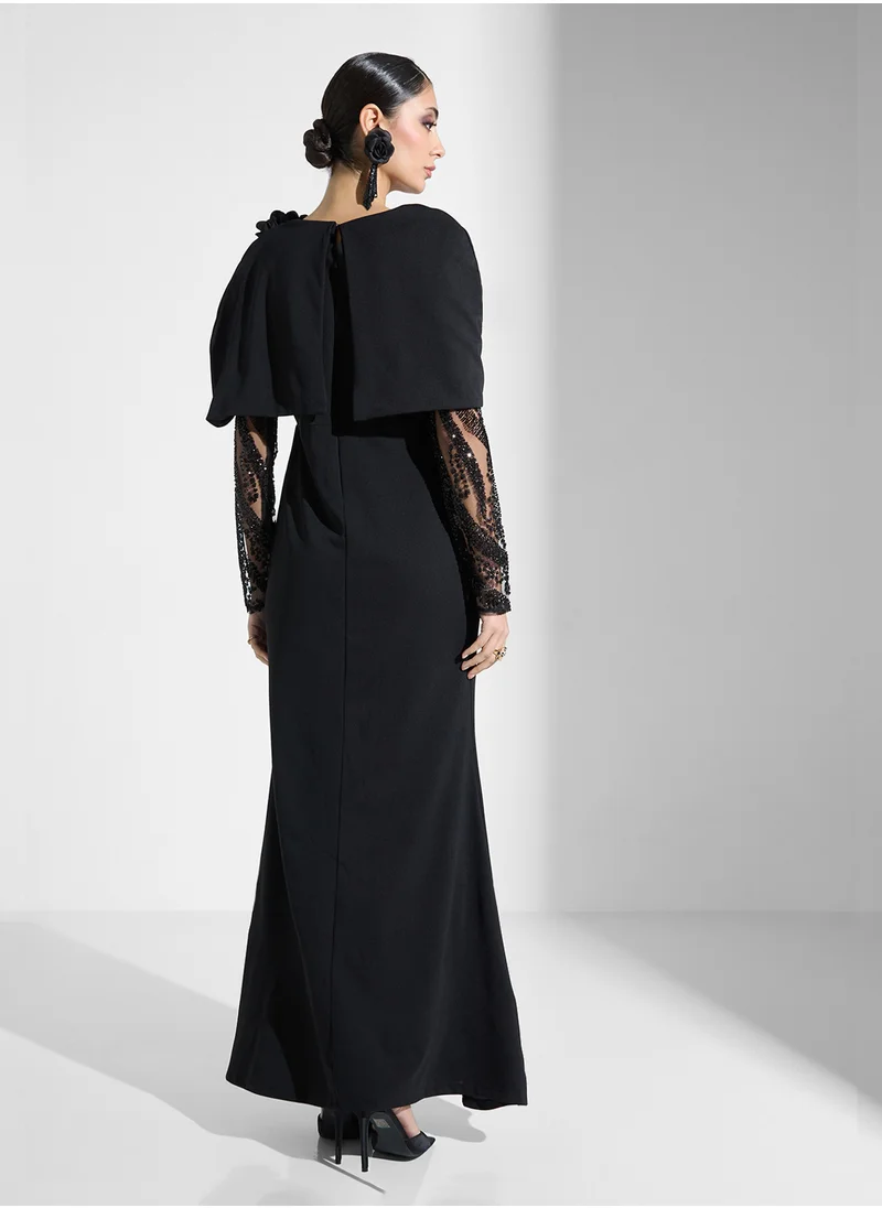 Namshi x Dress With Shoulder Brooch & Embellished Sleeve