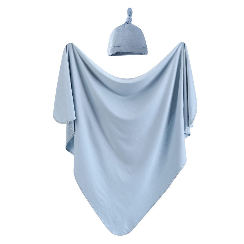 iEvolve Cotton Knitted Baby Swaddle Blanket with Hat Headband Set Newborn Swaddle Wrap Receiving Blankets for Baby Girl Boy 35" x 35"(Lightblue) - Image 1
