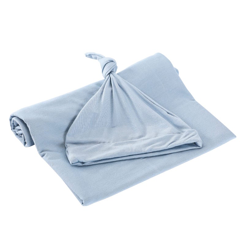 iEvolve Cotton Knitted Baby Swaddle Blanket with Hat Headband Set Newborn Swaddle Wrap Receiving Blankets for Baby Girl Boy 35" x 35"(Lightblue) - Image 2