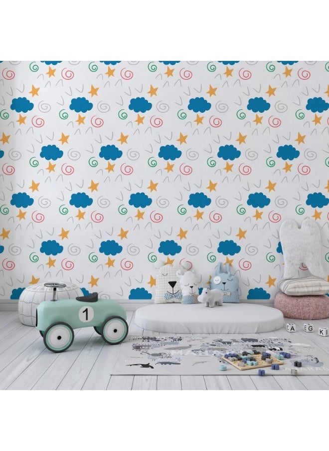 Home Gallery - Children Fairy Pattern From Start Of A Cloud Of Check Marks Of Spirals Fabric Wallpaper Covers An Area ​​Up To 4.2Mx3M With Adhesive  And Smoothing Tool - Image 1