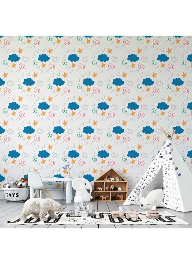 Home Gallery - Children Fairy Pattern From Start Of A Cloud Of Check Marks Of Spirals Fabric Wallpaper Covers An Area ​​Up To 4.2Mx3M With Adhesive  And Smoothing Tool - Image 1
