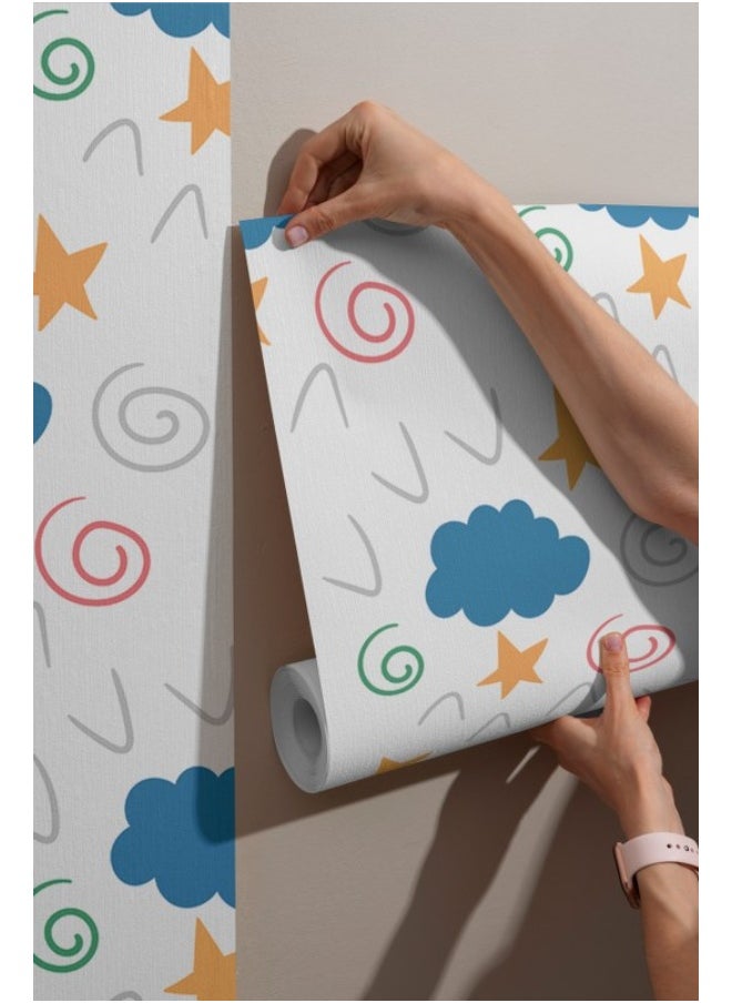 Home Gallery - Children Fairy Pattern From Start Of A Cloud Of Check Marks Of Spirals Fabric Wallpaper Covers An Area ​​Up To 4.2Mx3M With Adhesive  And Smoothing Tool - Image 1