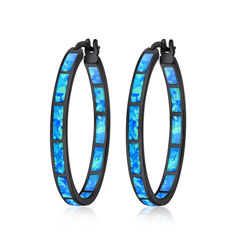 CiNily Black Gold Plated Hoop Earrings, Womens Big Blue Opal Earrings Ladies Large Gemstone Hoop Earrings - Image 1