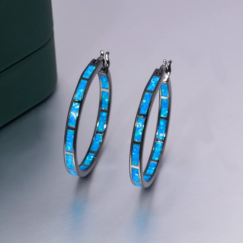 CiNily Black Gold Plated Hoop Earrings, Womens Big Blue Opal Earrings Ladies Large Gemstone Hoop Earrings - Image 5