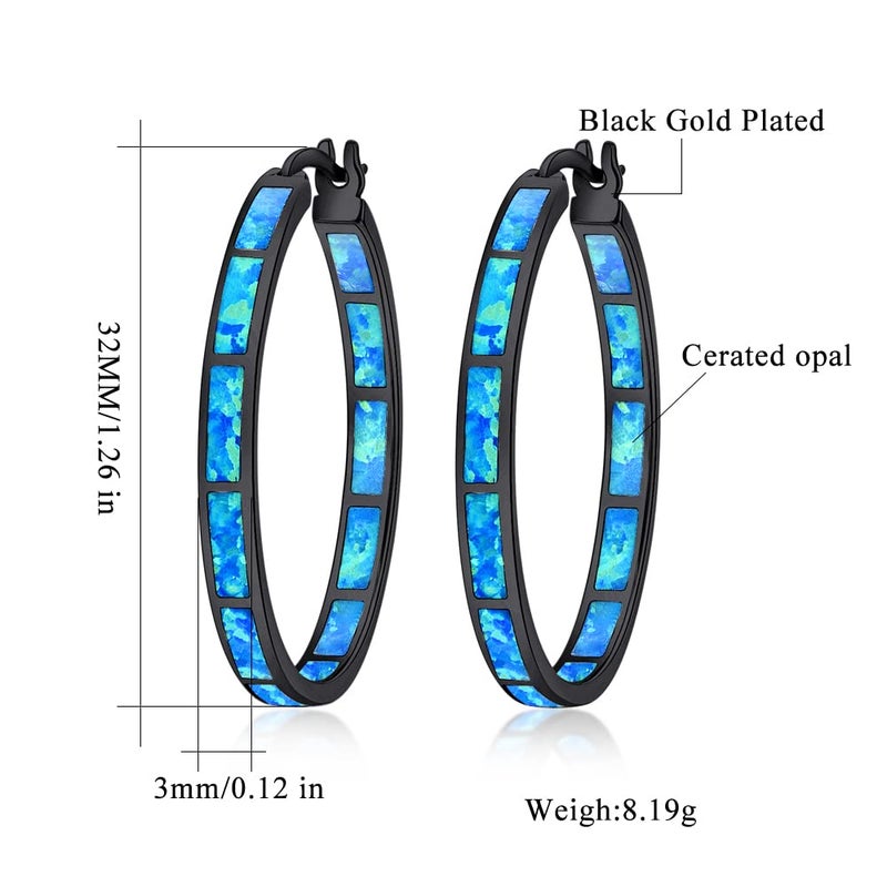 CiNily Black Gold Plated Hoop Earrings, Womens Big Blue Opal Earrings Ladies Large Gemstone Hoop Earrings - Image 2
