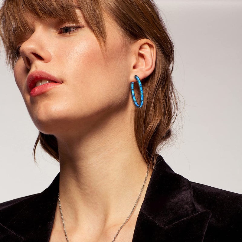 CiNily Black Gold Plated Hoop Earrings, Womens Big Blue Opal Earrings Ladies Large Gemstone Hoop Earrings - Image 4