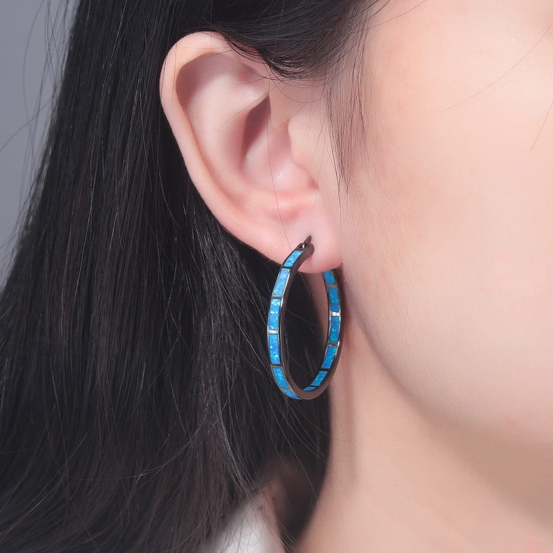 CiNily Black Gold Plated Hoop Earrings, Womens Big Blue Opal Earrings Ladies Large Gemstone Hoop Earrings - Image 3