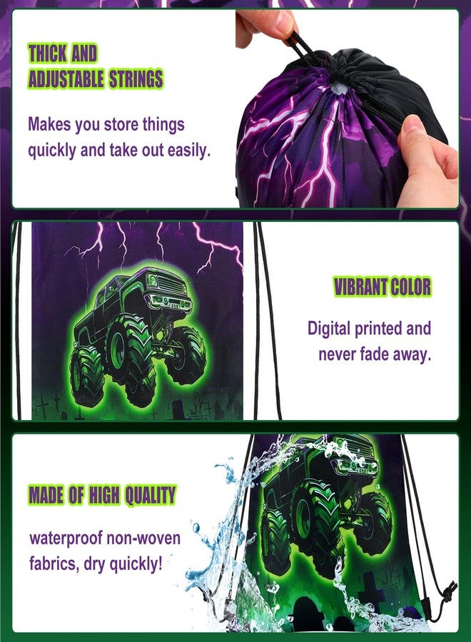 Yeyeplum 24 Pieces Monster Truck Party Drawstring Bags Kids Green Purple Trucks Christmas Birthday Party Gift Bag Grave Backpack Candy Goodie Favor Bags for Racing Car Parties Decoration Supplies - Image 3