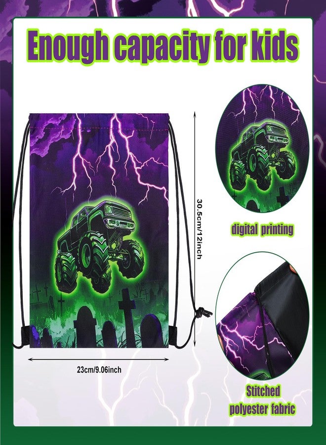 Yeyeplum 24 Pieces Monster Truck Party Drawstring Bags Kids Green Purple Trucks Christmas Birthday Party Gift Bag Grave Backpack Candy Goodie Favor Bags for Racing Car Parties Decoration Supplies - Image 2
