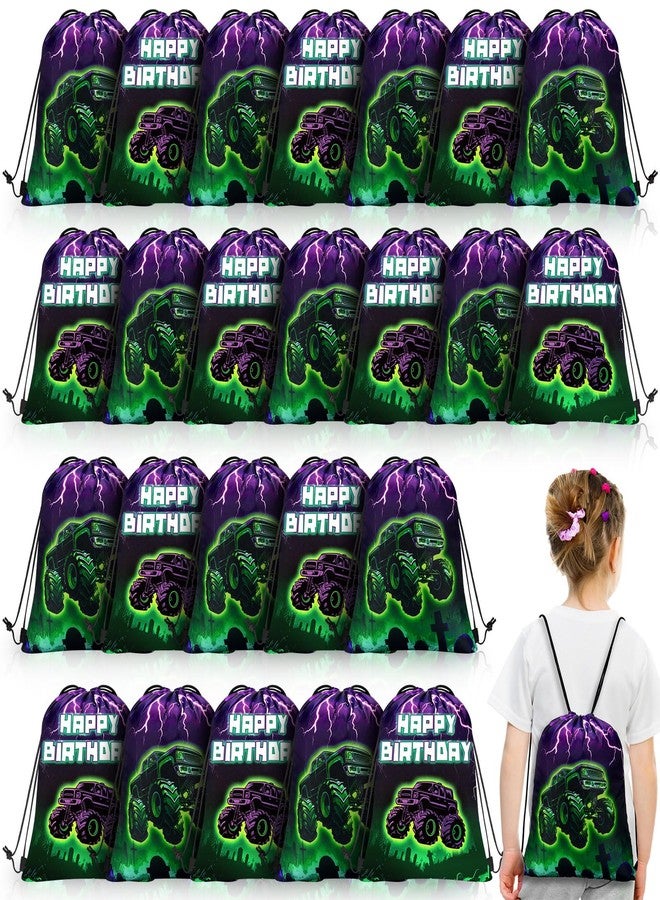 Yeyeplum 24 Pieces Monster Truck Party Drawstring Bags Kids Green Purple Trucks Christmas Birthday Party Gift Bag Grave Backpack Candy Goodie Favor Bags for Racing Car Parties Decoration Supplies - Image 1