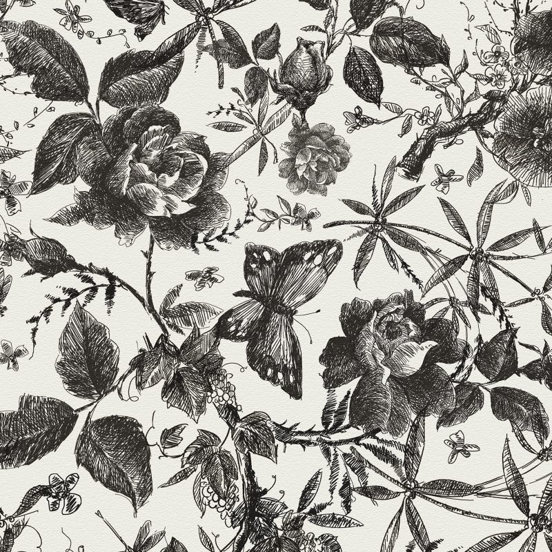 JiffDiff Floral Vintage Wallpaper Peel and Stick Wall Stick Black Rose Removable Vinyl Wall Paper Sketch Floral Decor 1575in x 118in