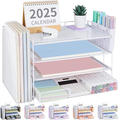 OPNICE Desk Organizer and Accessories, 4-Tier Desktop File Organizer with Drawer and 2 Pen Holders, Office Desk Accessories, File Sorters, Workspace Organizers for Office Supplies(White) - Image 1