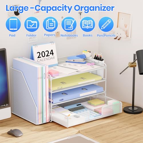OPNICE Desk Organizer and Accessories, 4-Tier Desktop File Organizer with Drawer and 2 Pen Holders, Office Desk Accessories, File Sorters, Workspace Organizers for Office Supplies(White) - Image 4