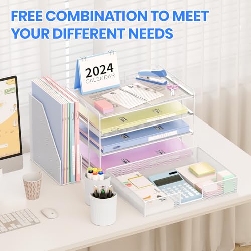 OPNICE Desk Organizer and Accessories, 4-Tier Desktop File Organizer with Drawer and 2 Pen Holders, Office Desk Accessories, File Sorters, Workspace Organizers for Office Supplies(White) - Image 3