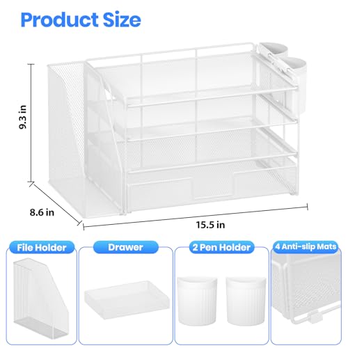 OPNICE Desk Organizer and Accessories, 4-Tier Desktop File Organizer with Drawer and 2 Pen Holders, Office Desk Accessories, File Sorters, Workspace Organizers for Office Supplies(White) - Image 2