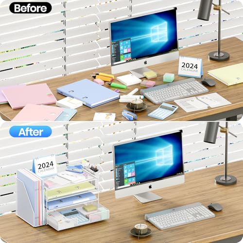 OPNICE Desk Organizer and Accessories, 4-Tier Desktop File Organizer with Drawer and 2 Pen Holders, Office Desk Accessories, File Sorters, Workspace Organizers for Office Supplies(White) - Image 5