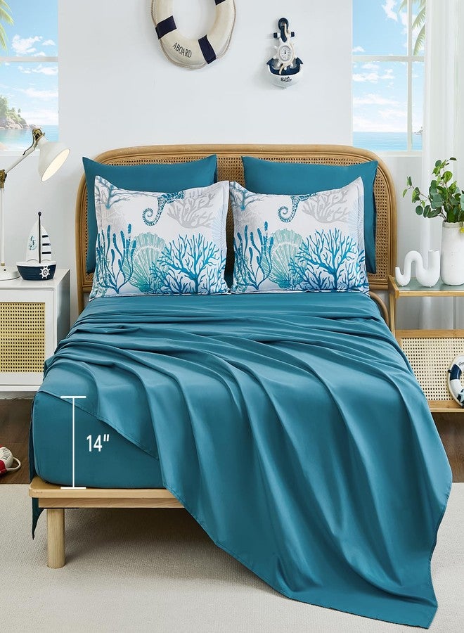 WONGS BEDDING طقم لحاف ساحلي من WONGS BEDDING، مقاس كوين، لحاف بطابع الشاطئ، 7 قطع، مستوحى من المحيط والأعشاب البحرية ونجم البحر، يأتي في حقيبة (90 بوصة × 90 بوصة). - Image 5
