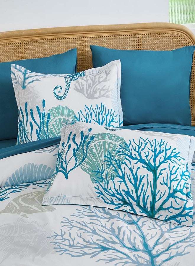 WONGS BEDDING طقم لحاف ساحلي من WONGS BEDDING، مقاس كوين، لحاف بطابع الشاطئ، 7 قطع، مستوحى من المحيط والأعشاب البحرية ونجم البحر، يأتي في حقيبة (90 بوصة × 90 بوصة). - Image 4