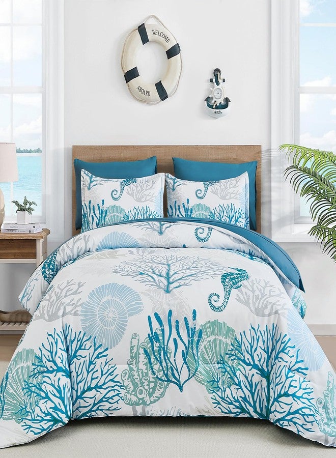 WONGS BEDDING طقم لحاف ساحلي من WONGS BEDDING، مقاس كوين، لحاف بطابع الشاطئ، 7 قطع، مستوحى من المحيط والأعشاب البحرية ونجم البحر، يأتي في حقيبة (90 بوصة × 90 بوصة). - Image 1