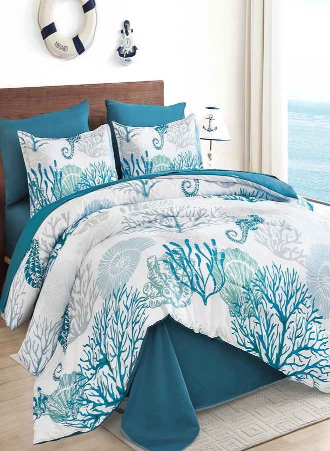 WONGS BEDDING طقم لحاف ساحلي من WONGS BEDDING، مقاس كوين، لحاف بطابع الشاطئ، 7 قطع، مستوحى من المحيط والأعشاب البحرية ونجم البحر، يأتي في حقيبة (90 بوصة × 90 بوصة). - Image 2