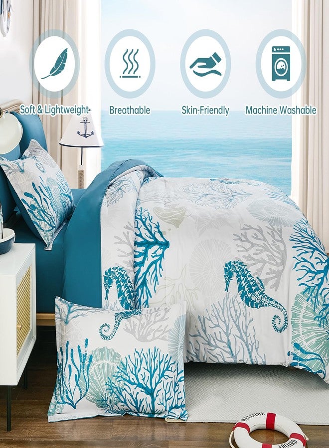 WONGS BEDDING طقم لحاف ساحلي من WONGS BEDDING، مقاس كوين، لحاف بطابع الشاطئ، 7 قطع، مستوحى من المحيط والأعشاب البحرية ونجم البحر، يأتي في حقيبة (90 بوصة × 90 بوصة). - Image 3