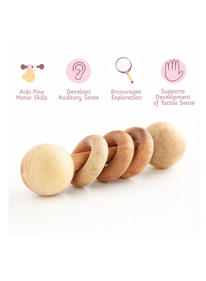 Ariro Baby Toys 1pcs Wooden Wooden rattle-Dumbbell with rings Teething Rattle Beech Wood Bed Ring Baby Bell Teether Educational Baby Gift  - Image 2